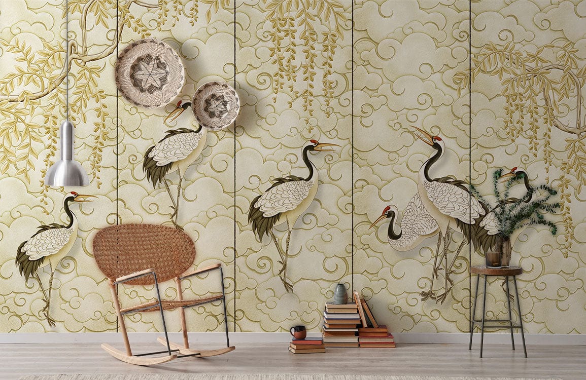Elegant Golden Crane and Cloud Oriental Mural, wicker chair, wooden flooring, pendant light, vintage style.