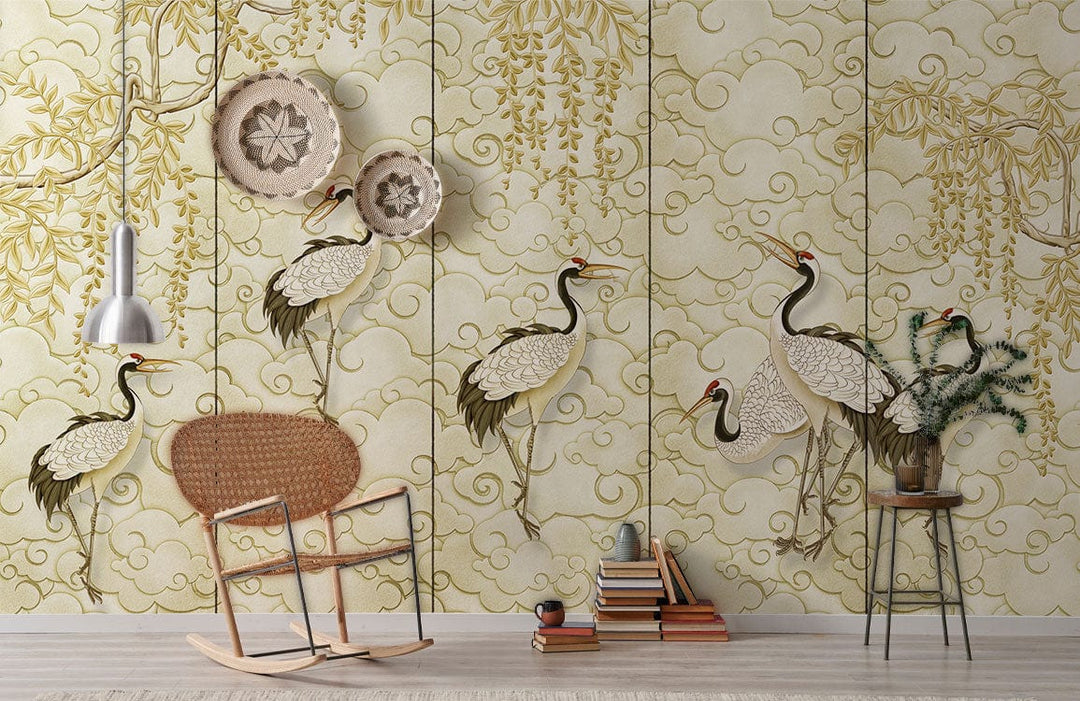 Elegant Golden Crane and Cloud Oriental Mural, wicker chair, wooden flooring, pendant light, vintage style.