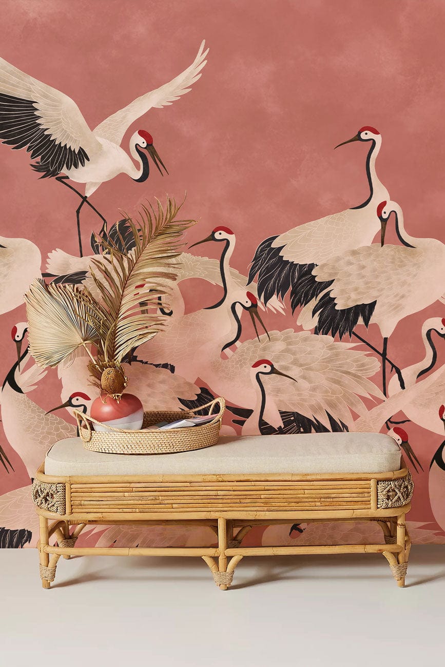 Elegant Coral Crane Pattern Wallpaper with rattan bench, white flooring in Japanese-inspired room decor.
