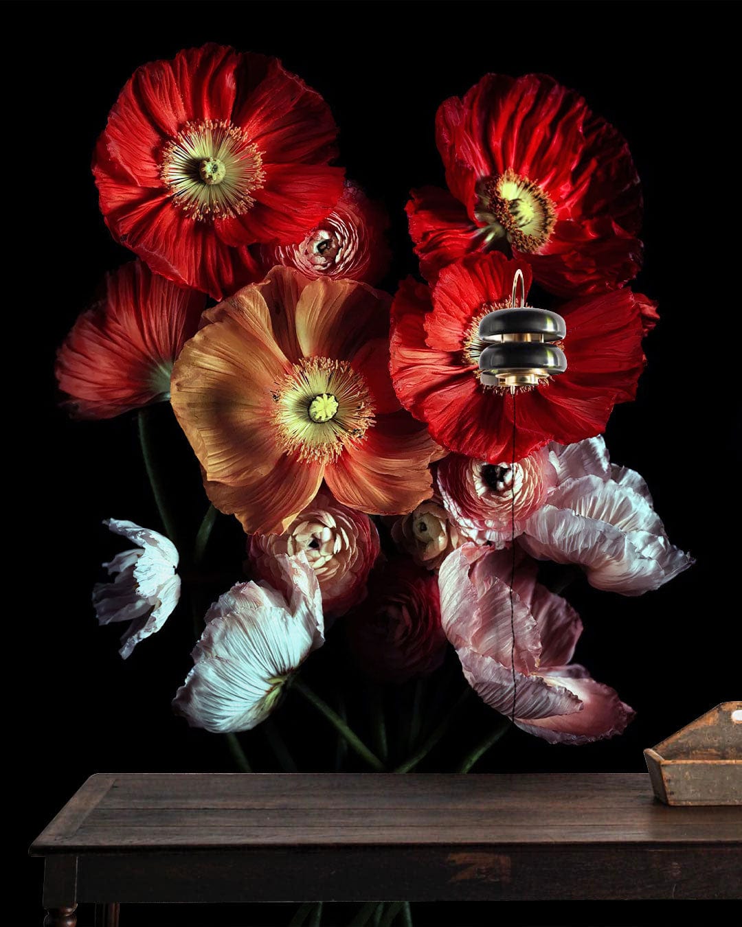 Elegant red and white floral wallpaper enhancing modern interiors with wooden table accent.