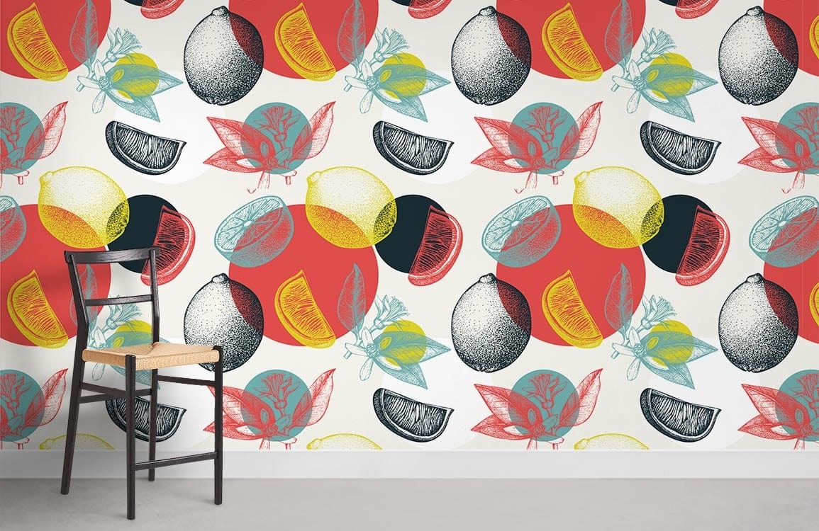 Vibrant Citrus Burst mural wallpaper with colourful fruit pattern; retro chair; grey flooring.