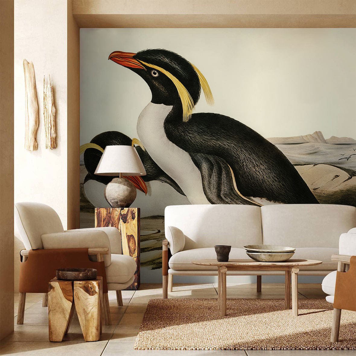 Vintage Penguin Illustration Wallpaper in black and white coastal style; beige walls, wooden flooring.
