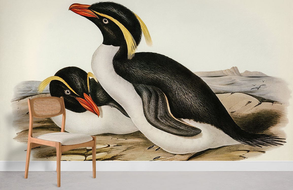 Vintage Penguin Illustration Wallpaper in a classic coastal style featuring a stylish wooden chair.