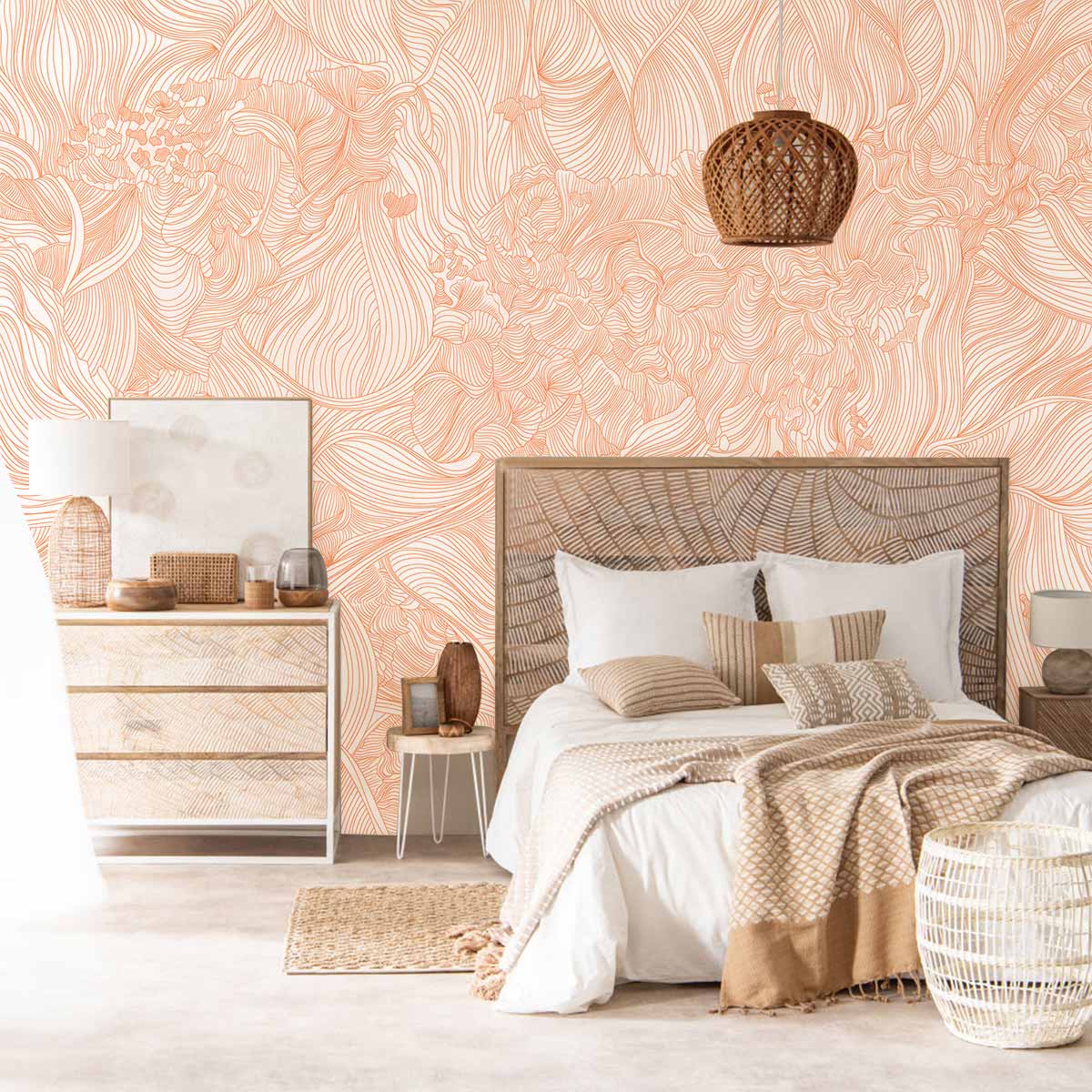 Elegant Peach Floral Mural Wallpaper in Bedroom with White Bed, Rattan Lamp, and Neutral Decor Elements.