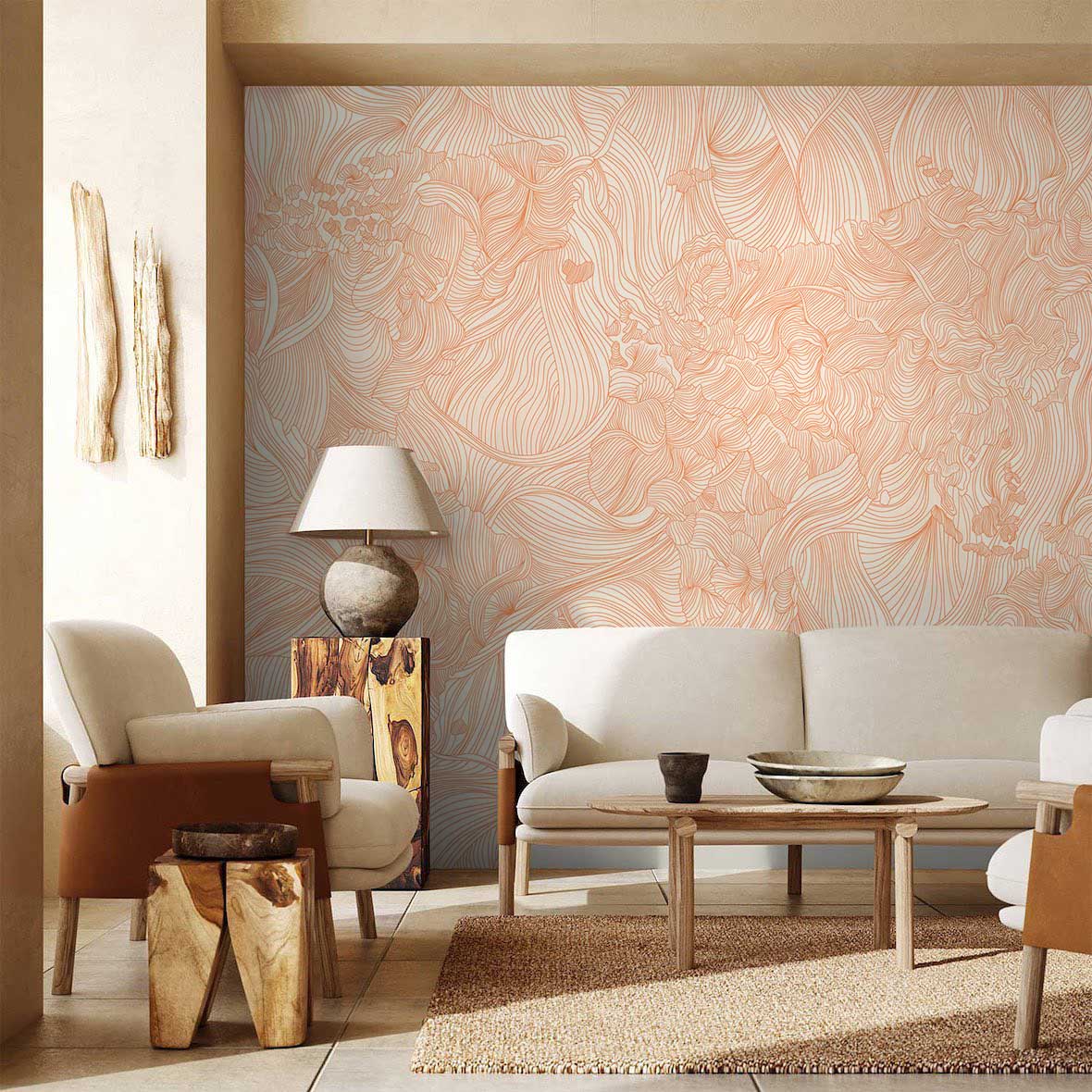 Elegant peach floral mural wallpaper in lounge room with beige sofa, wooden furniture, and textured flooring.