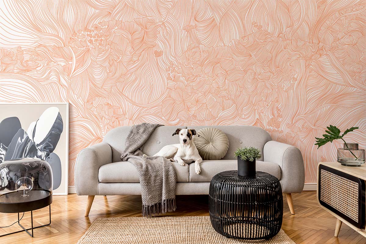 Elegant peach floral swirl textured mural, beige sofa, parquet floor, decorative black coffee table, living room.