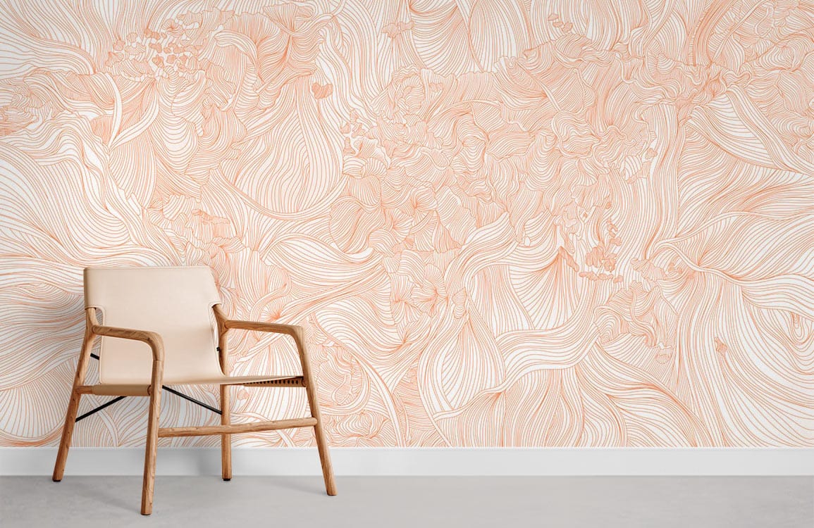 Elegant Peach Floral Wallpaper with Swirl Texture, featuring beige armchair on grey concrete flooring.