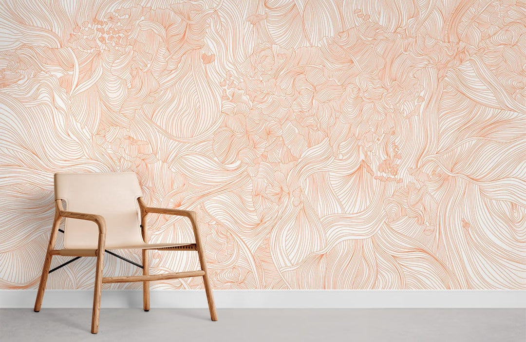 Elegant Peach Floral Wallpaper with Swirl Texture, featuring beige armchair on grey concrete flooring.