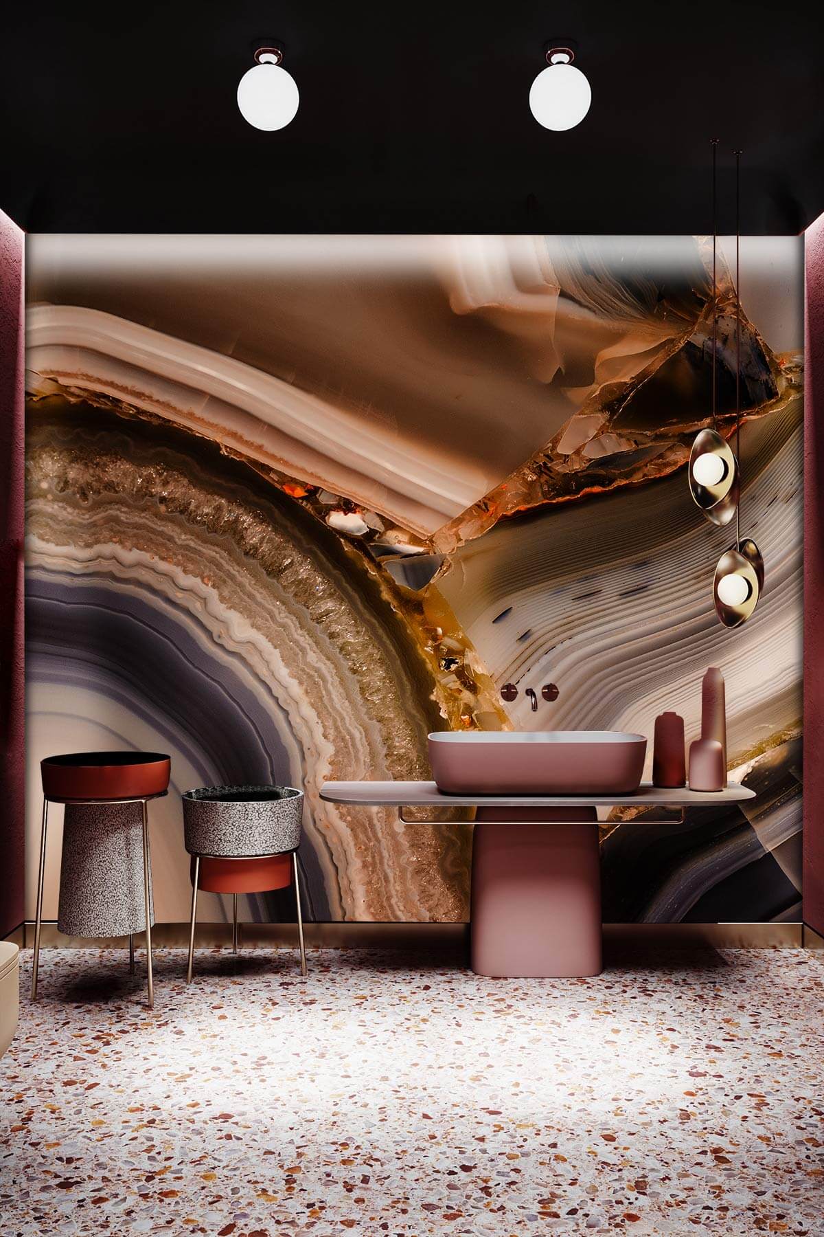 Elegant Onyx Marble Vein Wallpaper, modern bathroom, terrazzo floor, earth tones, stylish decor elements.