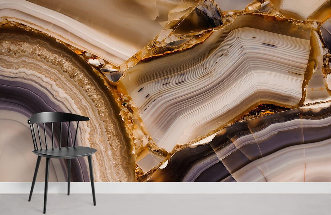 Elegant Onyx Marble Vein Wallpaper, Earth Tones; modern black chair, grey flooring, living room setting.