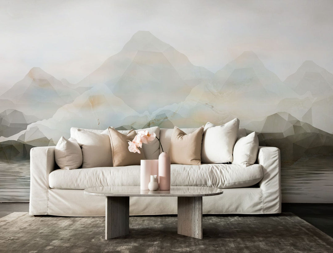 Tranquil watercolour mountain mural wallpaper with neutral tones, cream sofa, grey rug, soft decor.