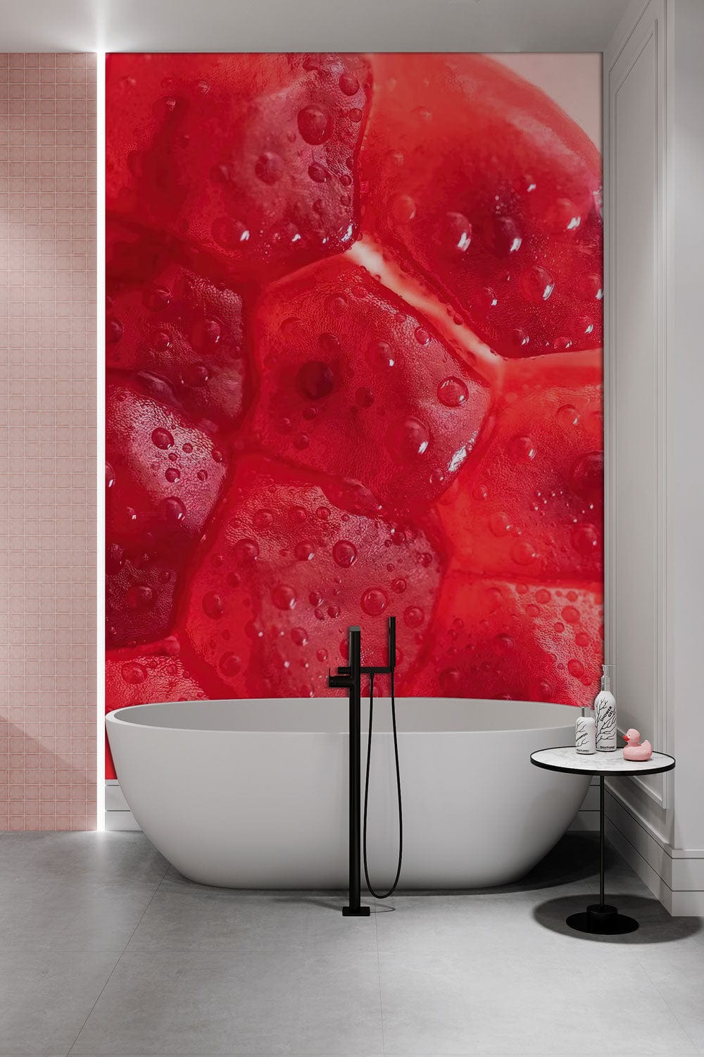Vibrant pomegranate red textured wallpaper in modern bathroom with sleek white bathtub, grey flooring.