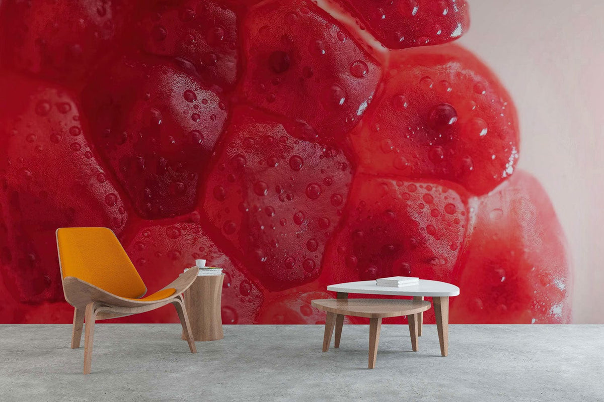 Vibrant pomegranate red wallpaper, modern decor, with orange chair, round tables, grey flooring.