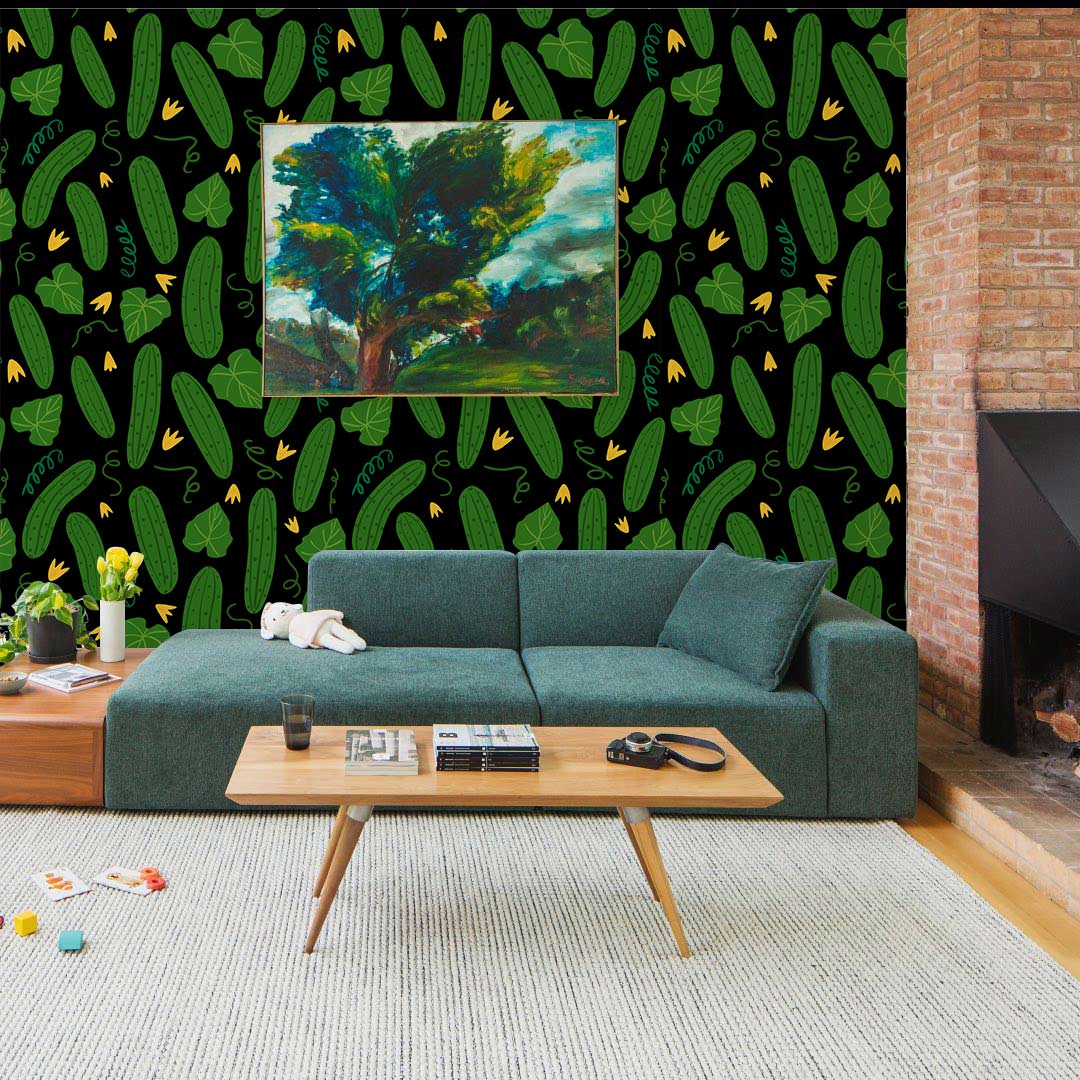 Image of a living room featuring Green Botanical Cucumber Pattern Wallpaper, green sofa, brick fireplace, artwork.