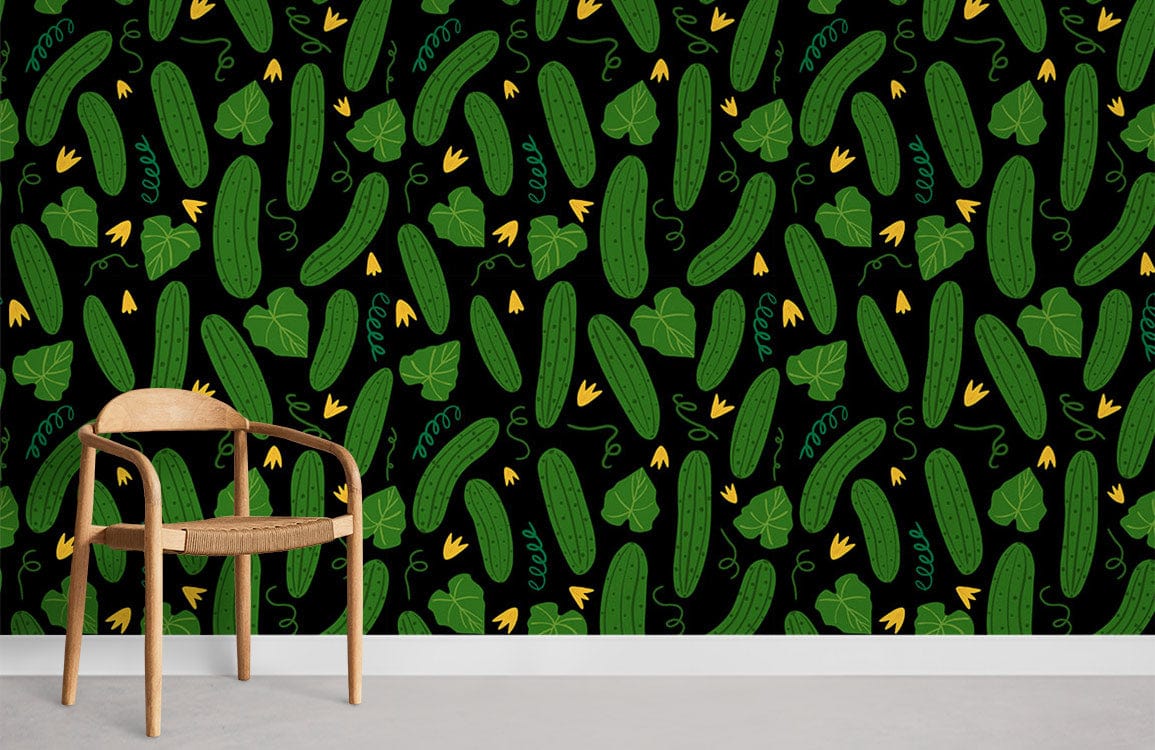 Green botanical cucumber pattern wallpaper in kitchen with modern wooden chair, light grey flooring.