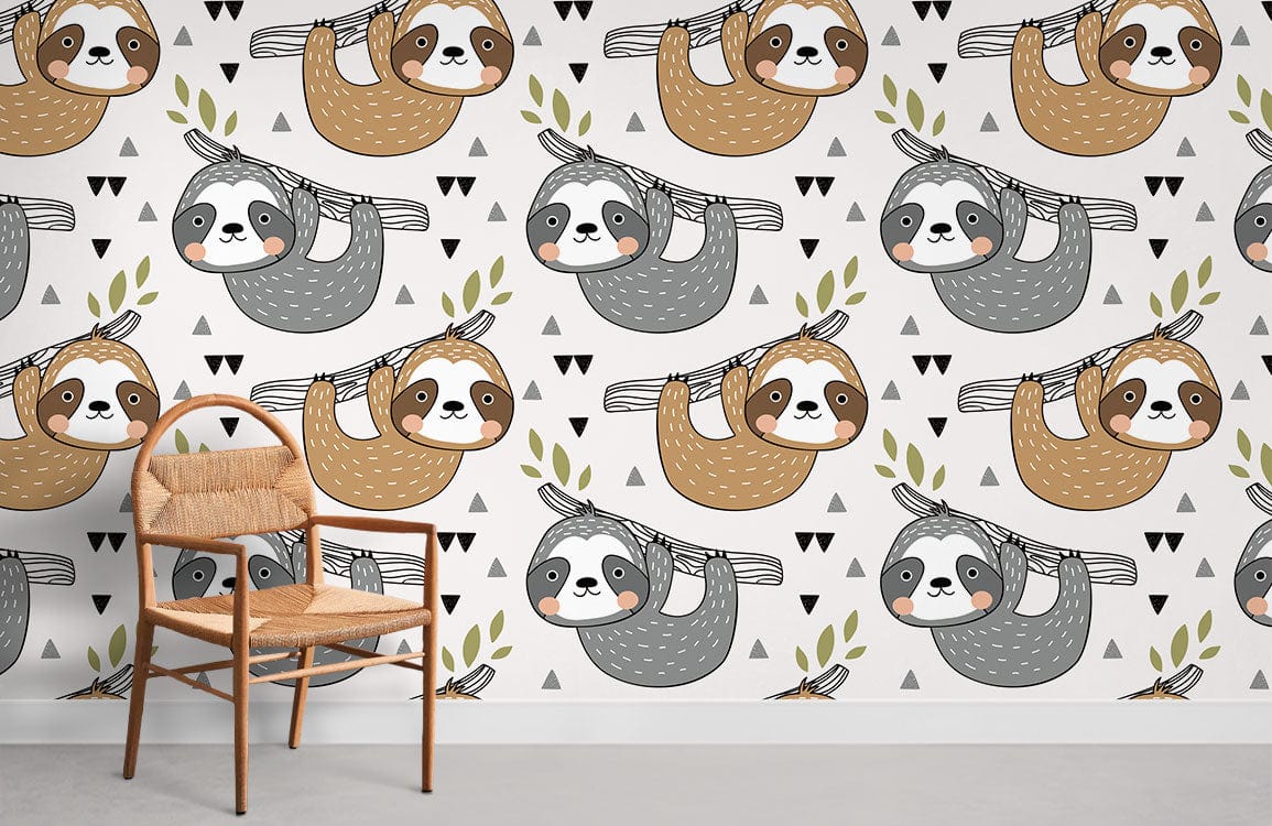 Whimsical sloth wallpaper, grey-brown pastel, wooden chair, light flooring, suitable for children's room decor.