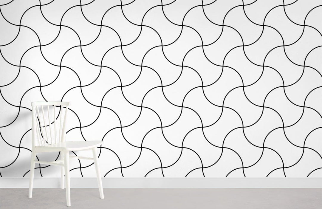 Monochrome Curved Line Patterned Wallpaper, modern stylish interior with white chair and grey flooring.