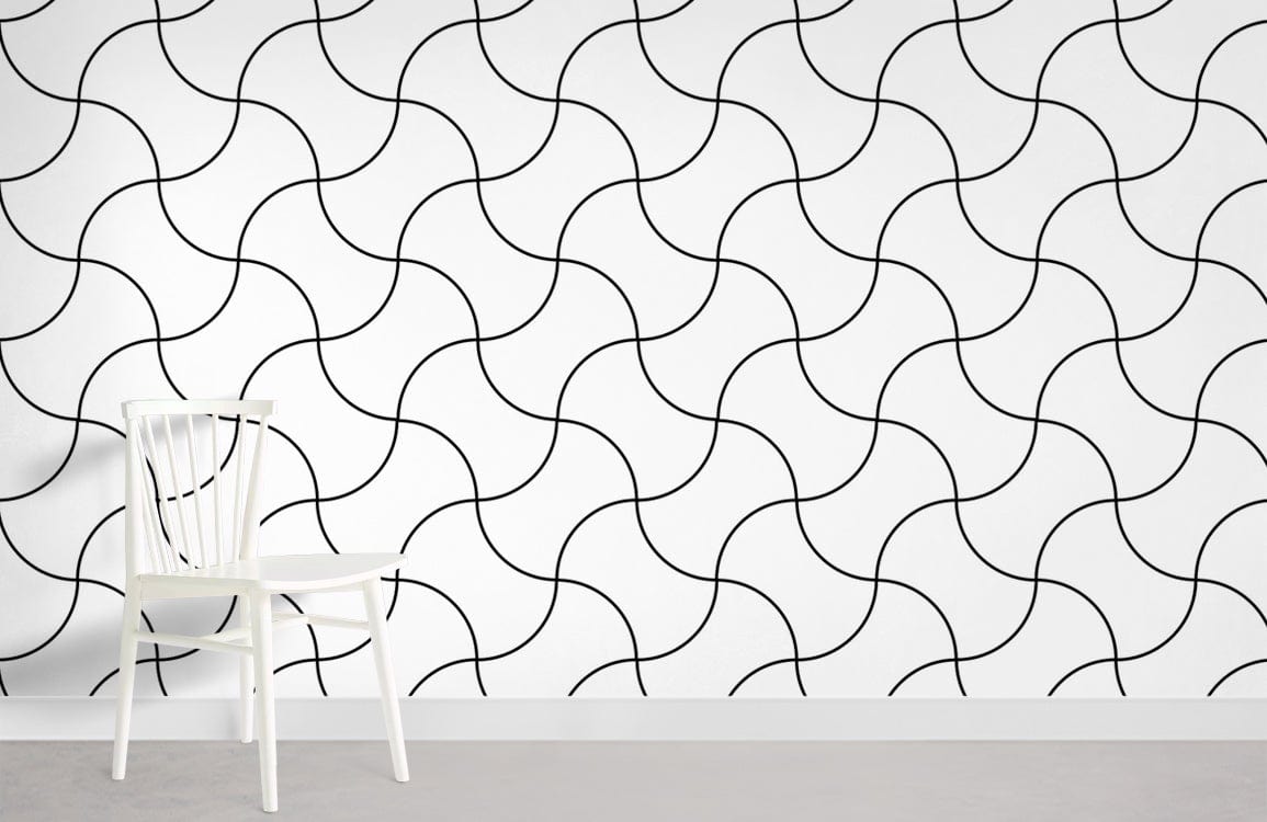 Monochrome Curved Line Patterned Wallpaper, modern stylish interior with white chair and grey flooring.