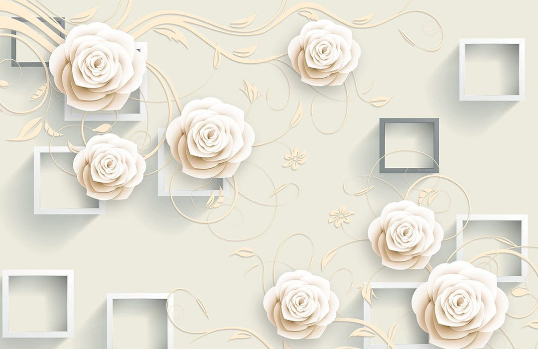 Elegant Cream Rose and Geometric Pattern 3D Mural Wallpaper Decor