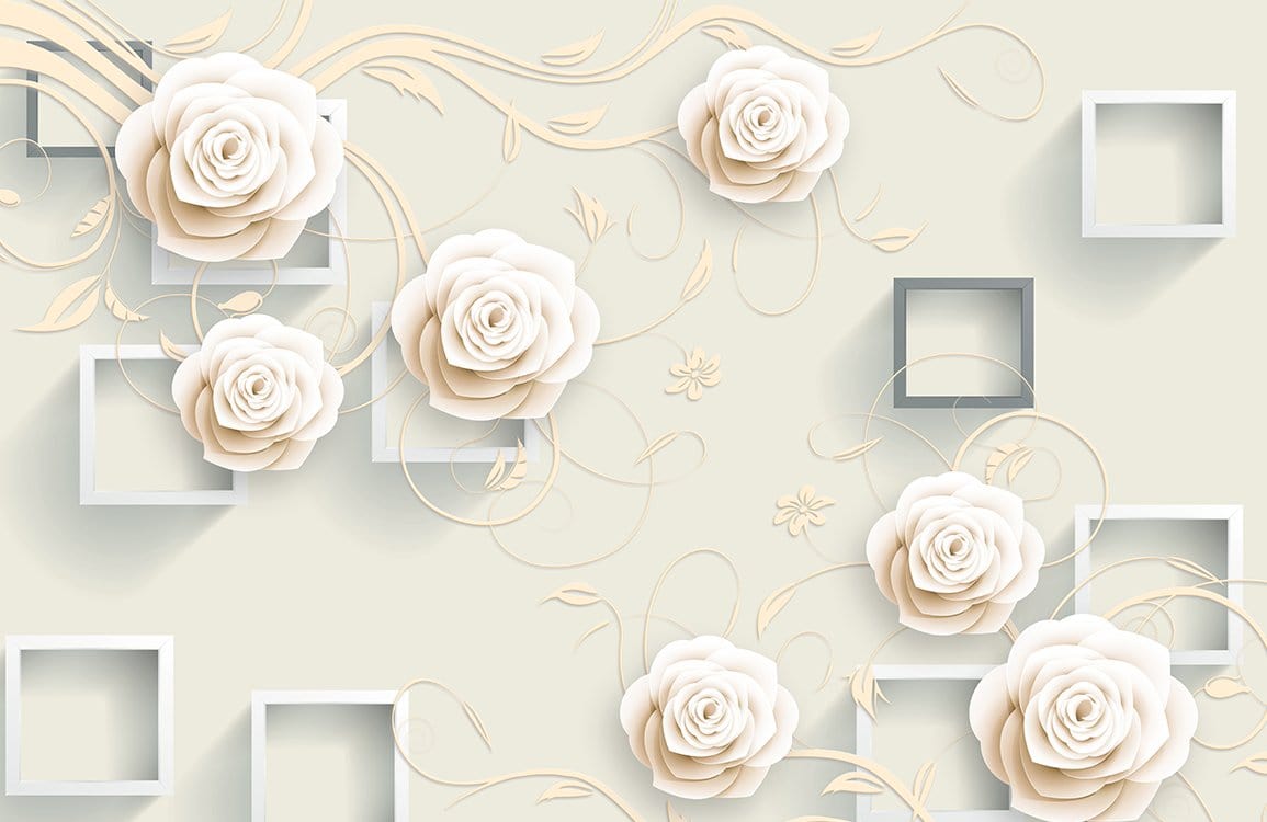 Elegant Cream Rose and Geometric Pattern 3D Mural Wallpaper Decor