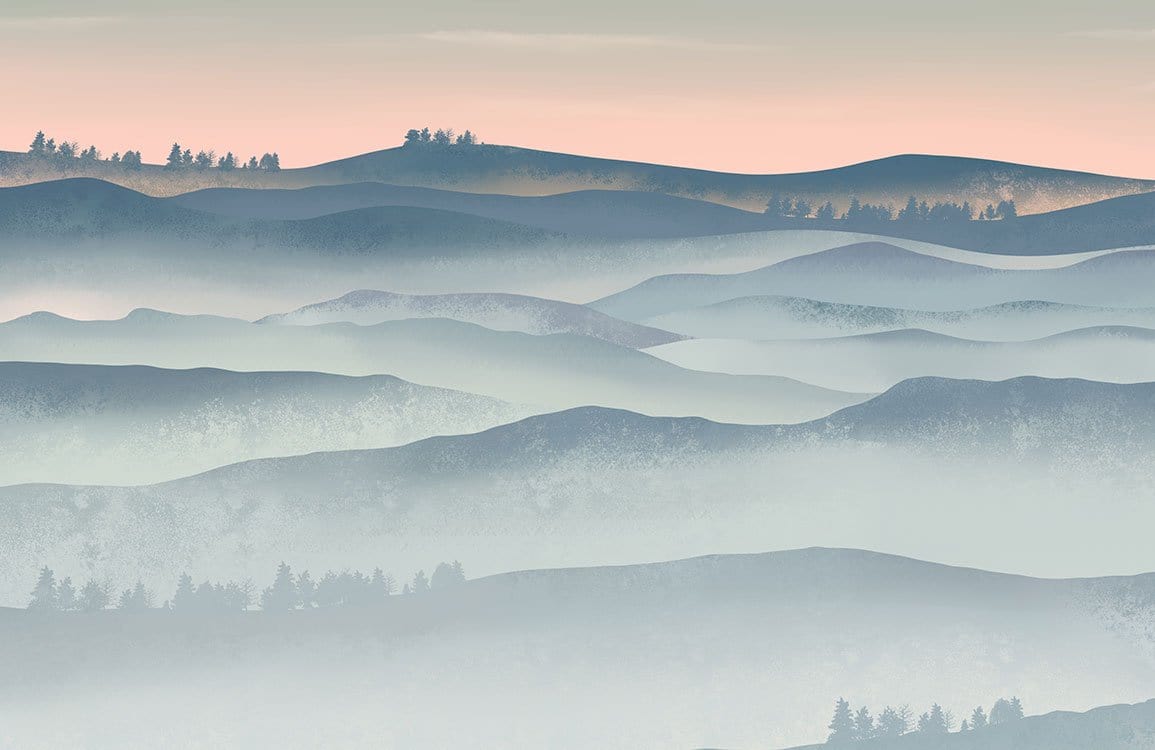 Tranquil Misty Mountain Landscape Mural Wallpaper in Soft Pastel Tones