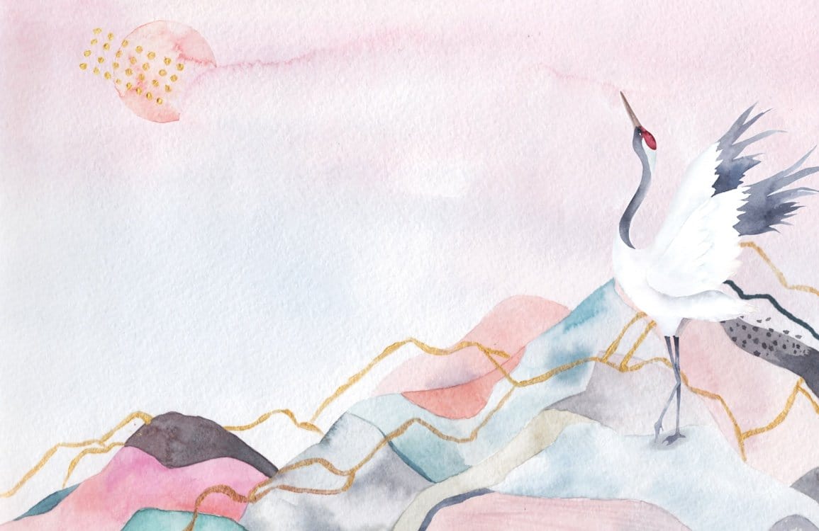 Elegant Crane Watercolour Mural Wallpaper in Pastel Tones - Japanese Style