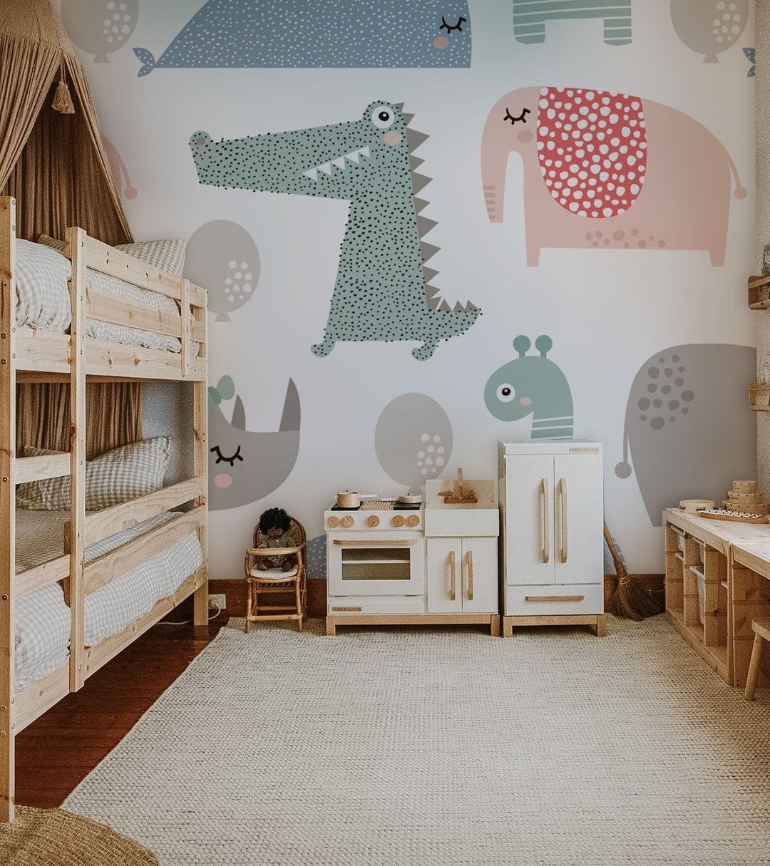 Charming pastel safari animals wallpaper in children's room with wooden bunk bed and toy kitchen set.