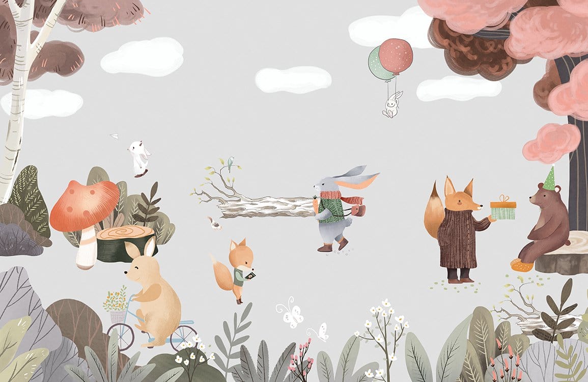 Whimsical Woodland Creatures Mural Wallpaper in Soft Pastel Hues for Kids