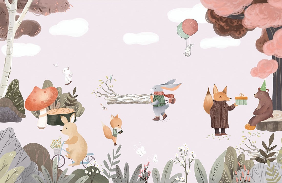 Whimsical Woodland Adventure Mural: Pastel Animal Friends in Enchanted Forest.