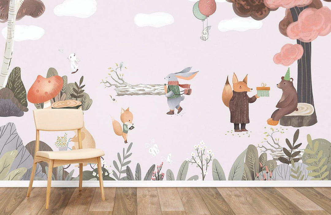 Whimsical woodland mural with pastel animals, pale wall, wooden flooring, and minimalist chair in nursery.