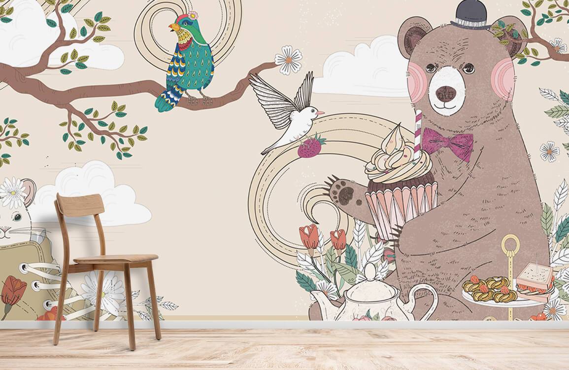 Whimsical Woodland Tea Party Mural Wallpaper with bears and birds; wooden chair on light wood flooring.