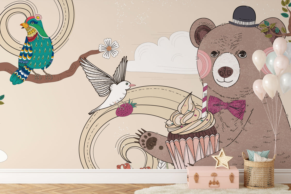 Whimsical Woodland mural wallpaper featuring playful bears, birds; pastel nursery decor with cream walls.