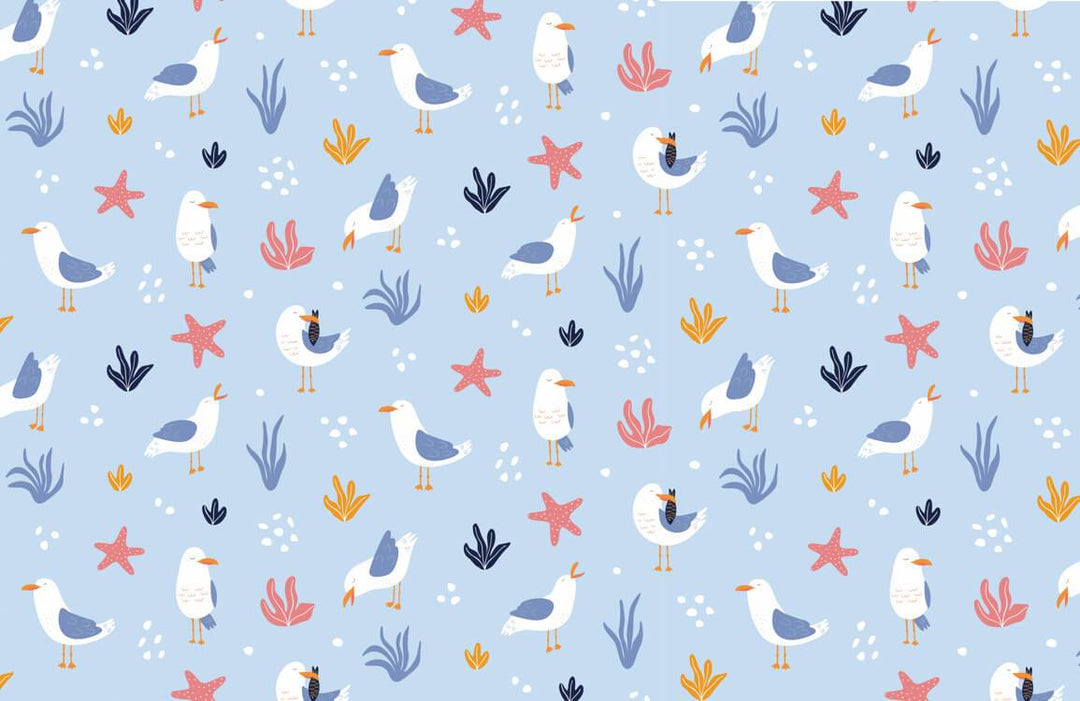 Coastal Seagull and Starfish Blue Ocean Themed Children's Wallpaper Delight