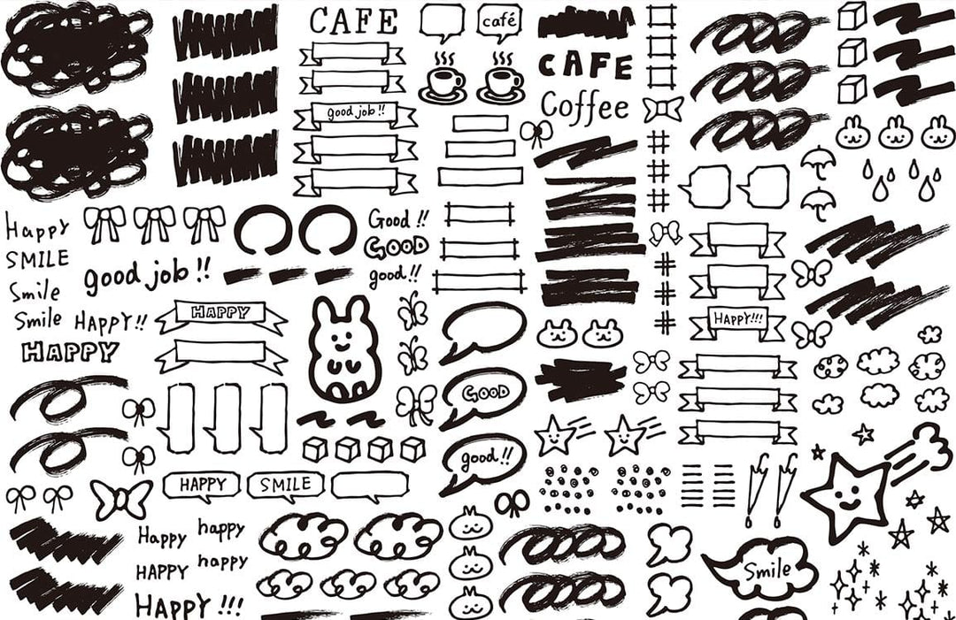 Monochrome Doodle Chaos Modern Mural Wallpaper with Cute Illustrations and Text