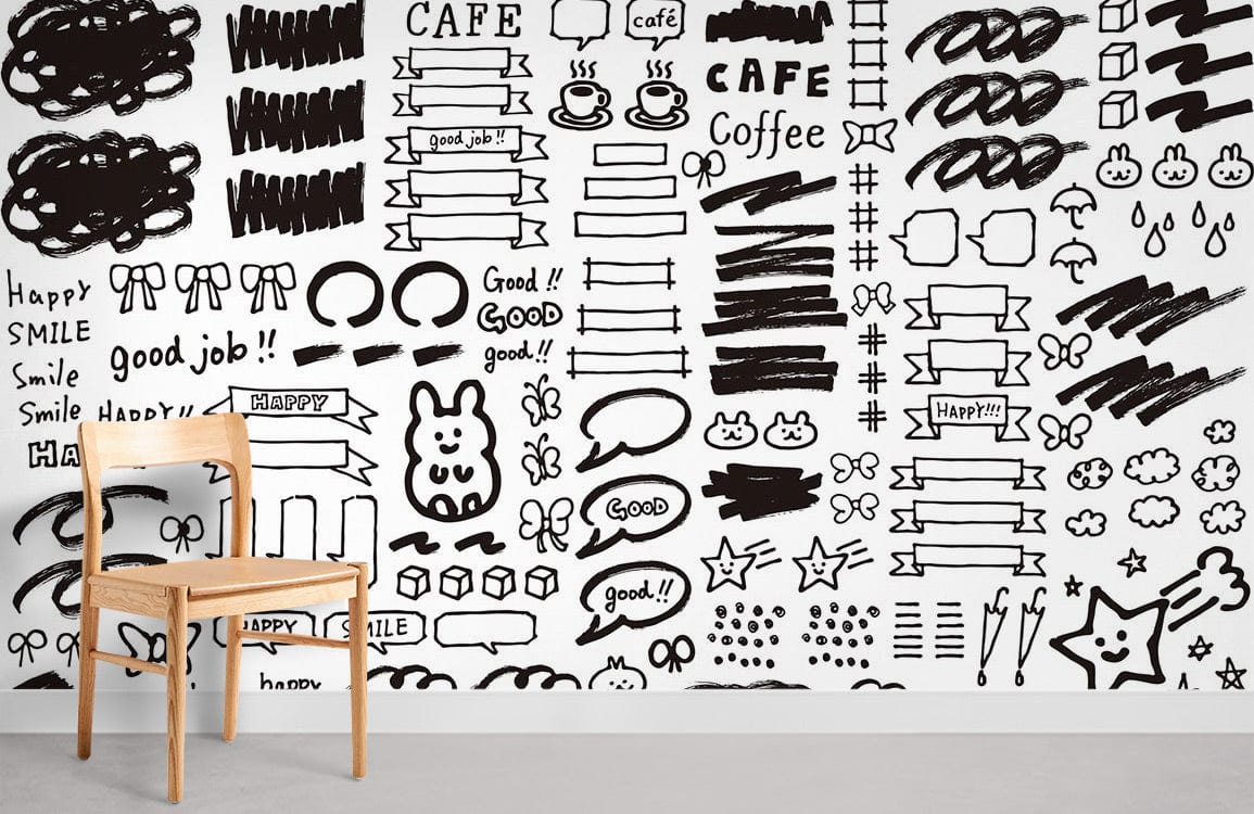 Modern mural wallpaper featuring monochrome doodles with text and a wooden chair on grey flooring.