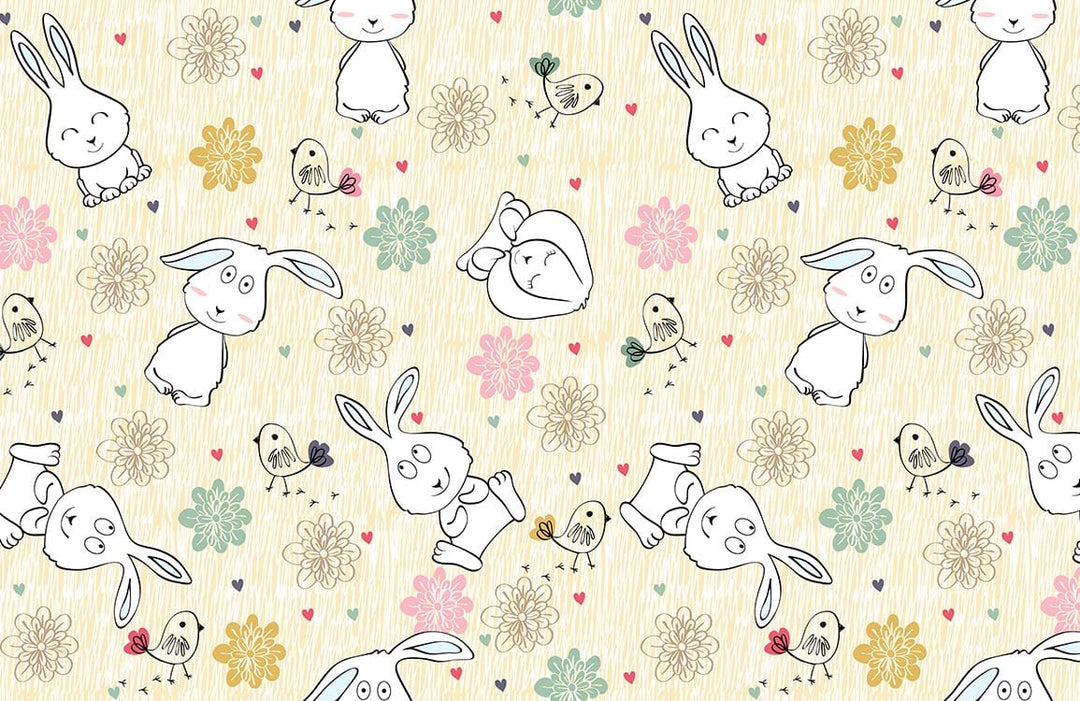Playful Pastel Woodland Creatures Nursery Wallpaper with Bunny and Floral Pattern