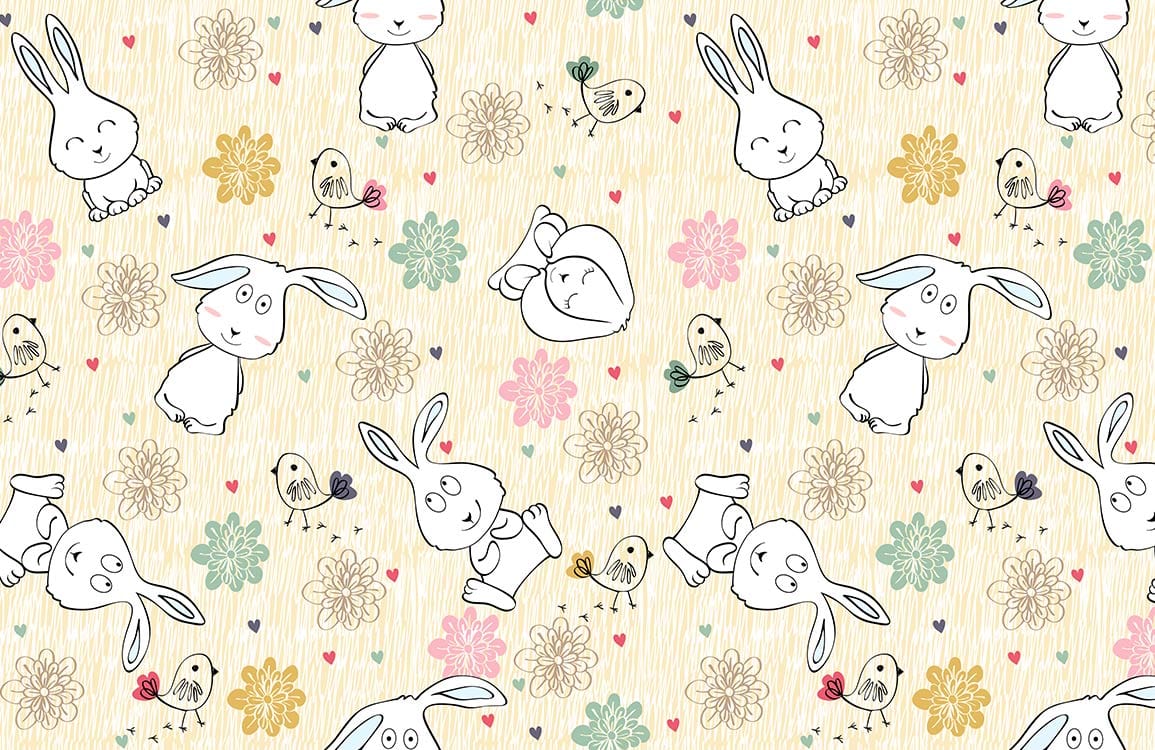 Playful Pastel Woodland Creatures Nursery Wallpaper with Bunny and Floral Pattern