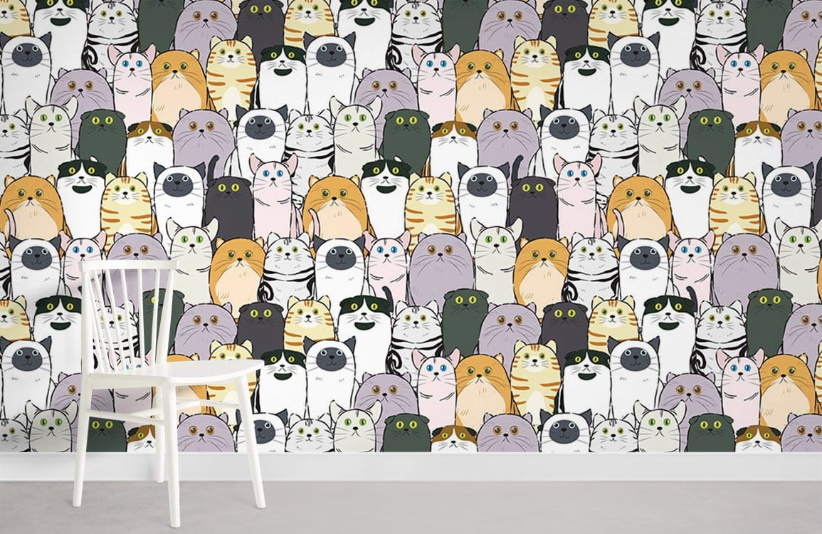Multicolour cartoon cat wallpaper, playful design, white chair, whimsical home decor, grey flooring.