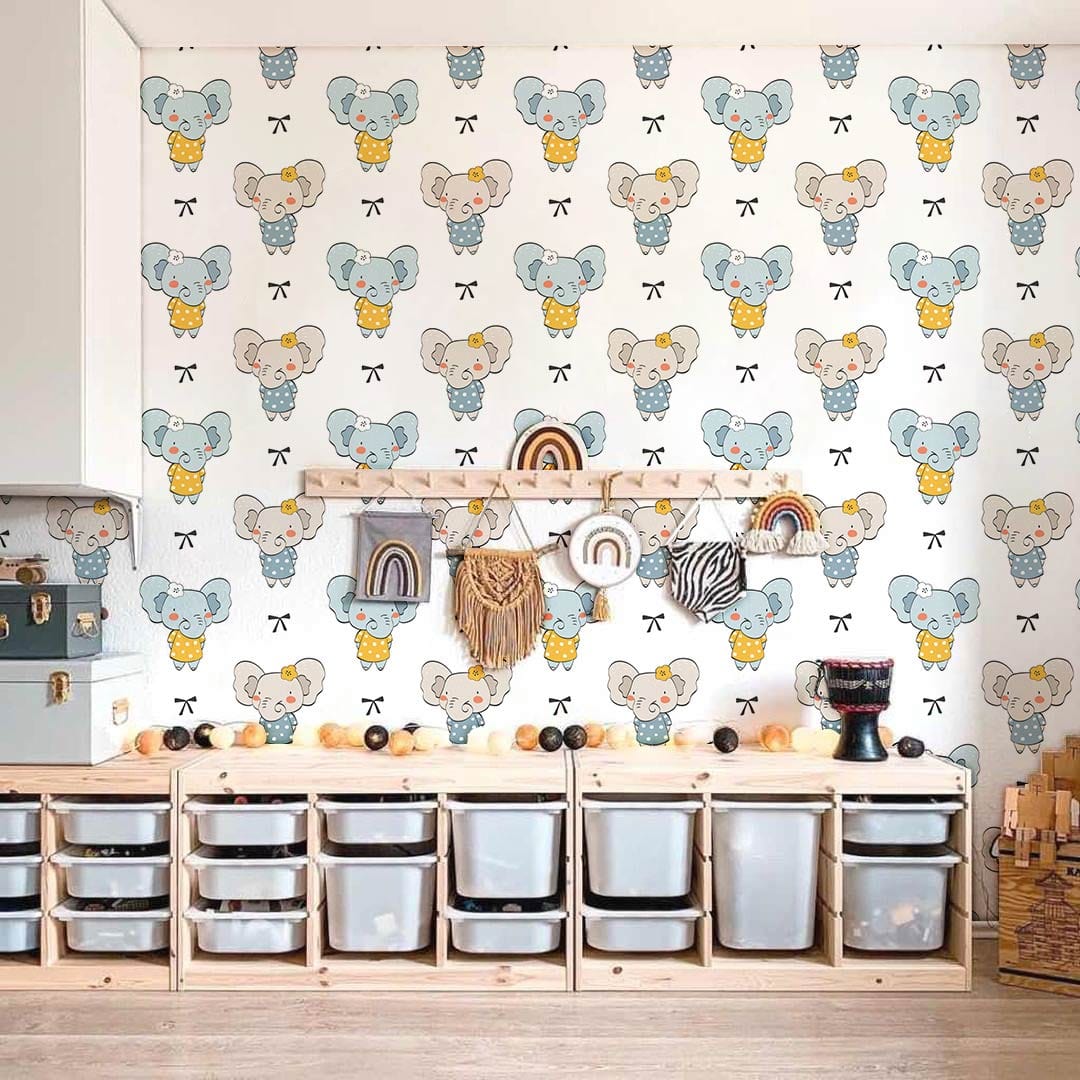Charming Elephant Pattern Wallpaper in nursery with wooden storage, pastel blue elephants on walls.