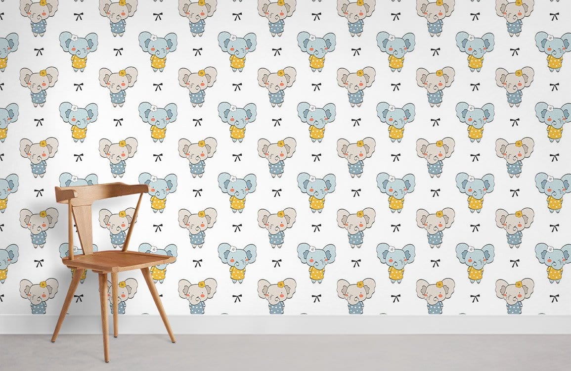 Charming Elephant Pattern Nursery Wallpaper, pastel blue; wooden chair accent; white room, minimalist decor.