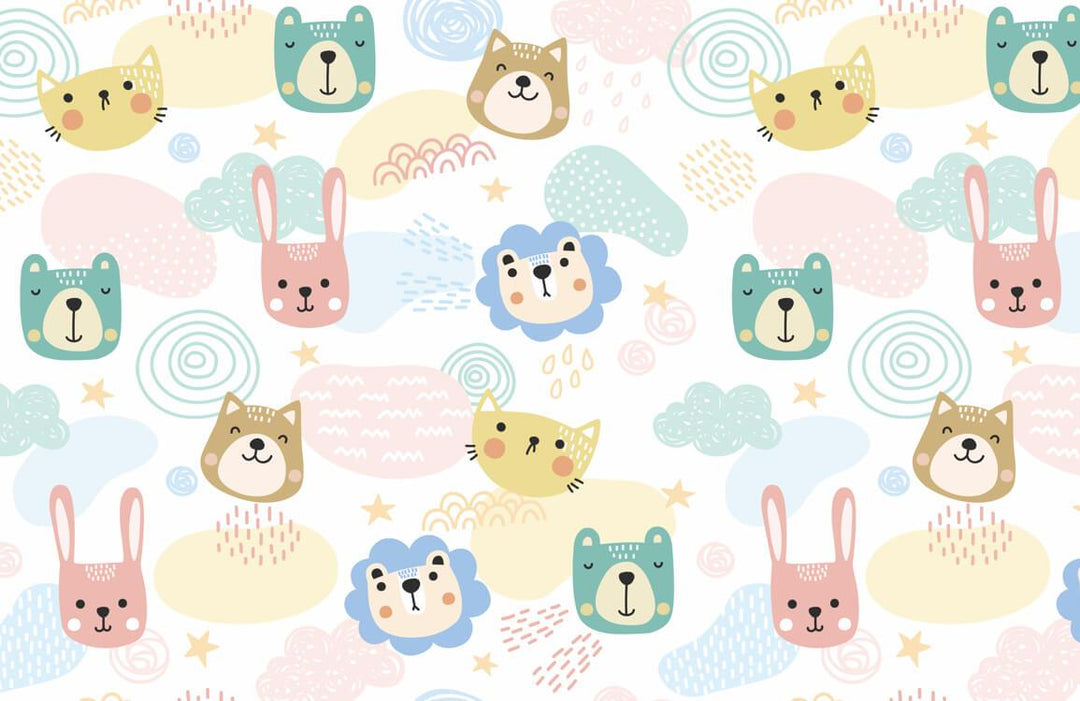 Pastel Animal Faces Nursery Wall Mural - Cute Playful Children's Pattern