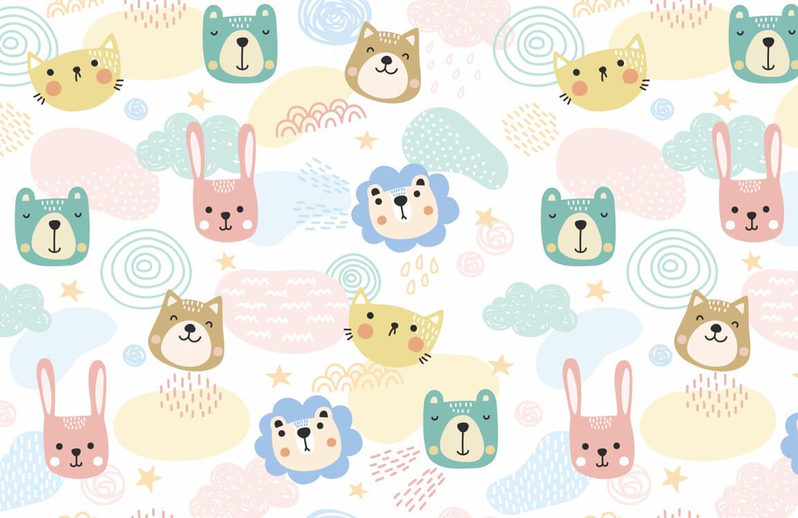 Pastel Animal Faces Nursery Wall Mural - Cute Playful Children's Pattern