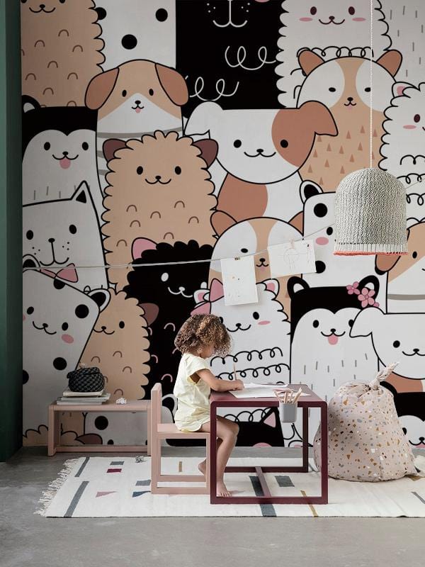 Cute cartoon animal wallpaper in room with light pink furniture, grey floor, and playful modern decor.