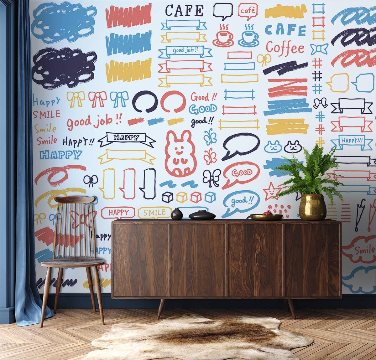 Colourful doodle wallpaper in café setting with wooden sideboard, patterned flooring, chair, and rug.