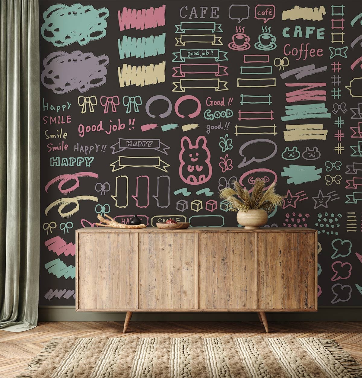 Whimsical pastel chalkboard mural in cosy living room; wooden sideboard, green curtains, textured rug.