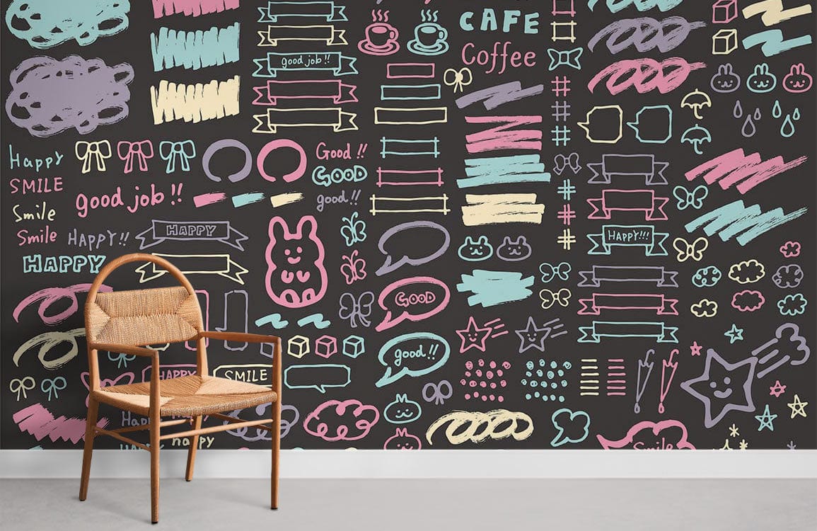 Rattan chair, whimsical pastel chalkboard doodles wallpaper mural, playful café motifs, grey flooring, modern style.