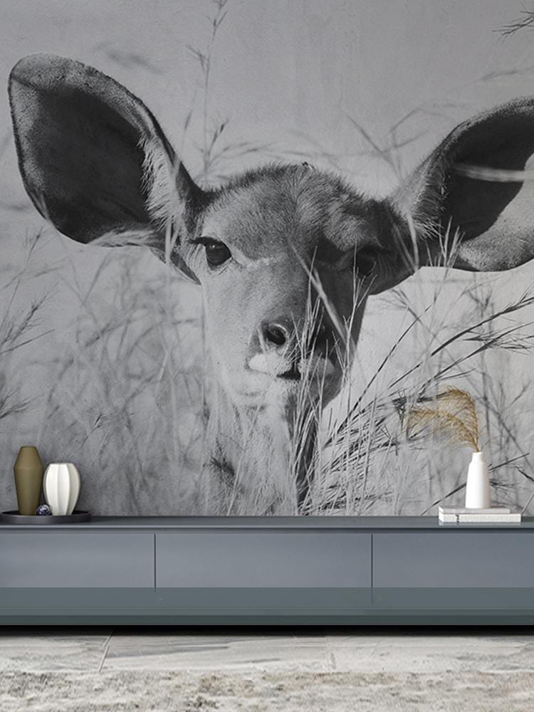 Monochrome animal mural wallpaper, grey cabinet, grey carpet, contemporary room decor, elegant interior design.