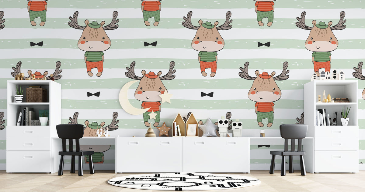 Reindeer kids wallpaper with green, orange stripes, white furniture, child's room, hardwood flooring, modern decor.