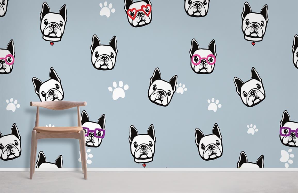 Playful French Bulldog wallpaper with colourful glasses, light blue wall, wooden chair, modern design.