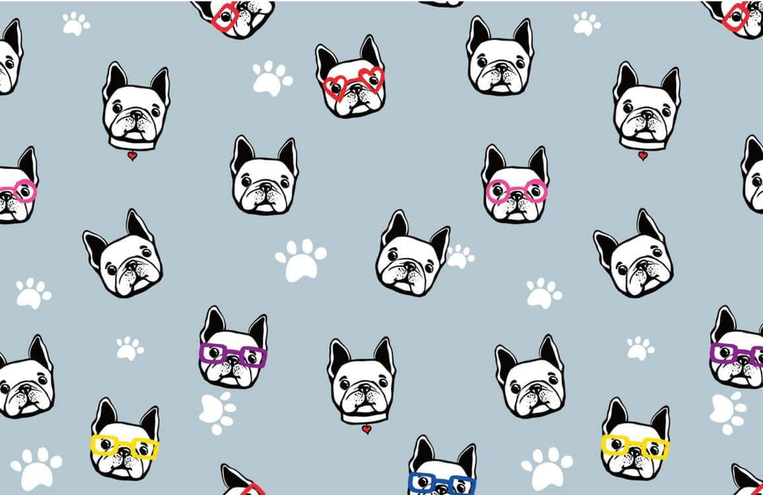 Playful French Bulldog Blue Wallpaper with Colourful Glasses Pattern Design
